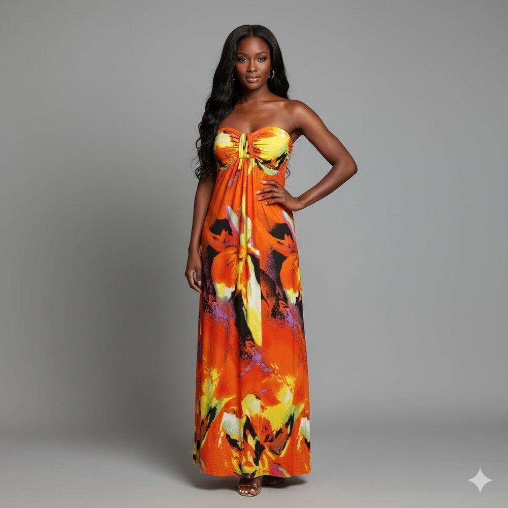 Vibrant Orange Strapless Maxi Dress
